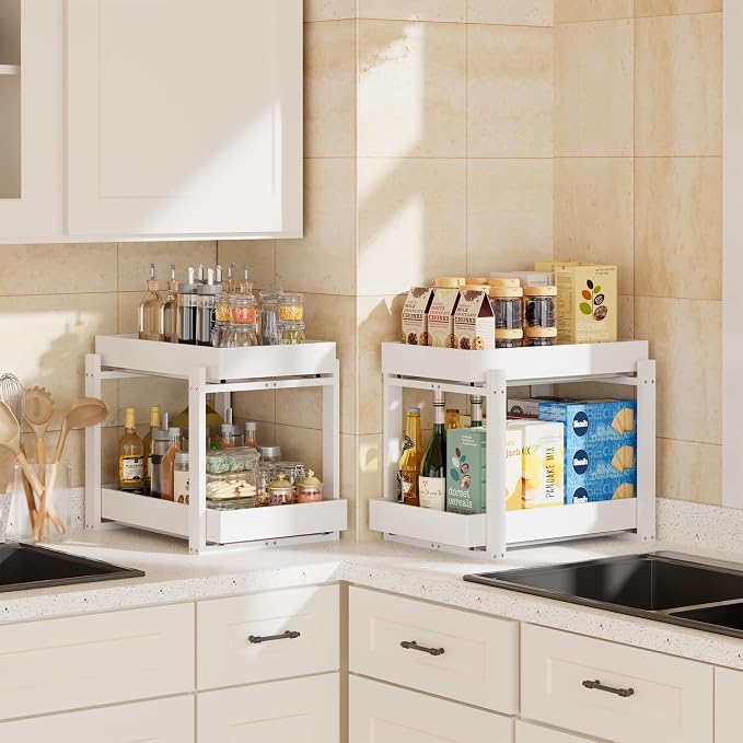 APRTAT 2 Pack Bamboo Under Sink Organizer, 2-Tier Pull Out Storage Drawers | Smooth pull-out drawers keep cleaners and tall bottles visible, organized and easy to reach in kitchen or bathroom cabinets - Image 4