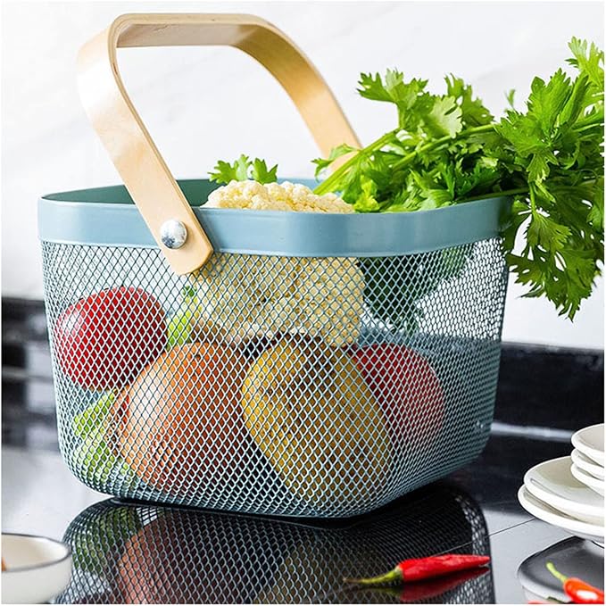 AJIODA Metal Mesh Steel Basket, Storage Organizer Basket Multi-functional Hanging Kitchen Baskets Fruit Basket Bin with Bamboo Handle for Kitchen Bathroom Picnic Shopping Decor Cabinet Home, Blue - Image 7
