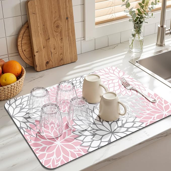 Findosom Dish Drying Mat, 12" x 20" Super Absorbent Dish Mat with Floral, Hide Stain Drying Mat for Kitchen Counter, Under Dish Rack, Coffee Maker, Espresso Machine, Pink - Image 4