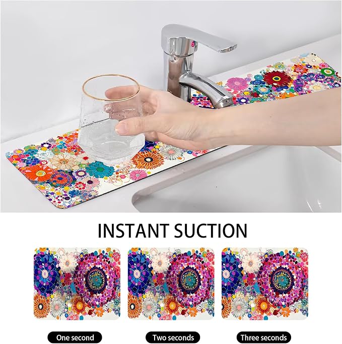 Bimkole 2 PCS Faucet Absorbent Mat, Kitchen Faucet Sink Splash Guard Wraparound Cloth Pads Drip Catcher for Sink Faucet for Kitchen Bathroom Faucet, Colorful Faucet Mat, 15 x 4 Inch Flower A3 - Image 4
