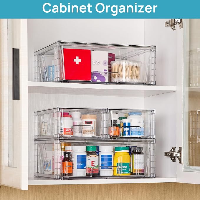 Vtopmart Clear Stackable Storage Drawers, 5 Pack Wide Storage Set | Wide and Small Pull-Out PET Drawers Designed for Large and Small Item Sorting, Cabinets, Closets, Pantry - Image 7
