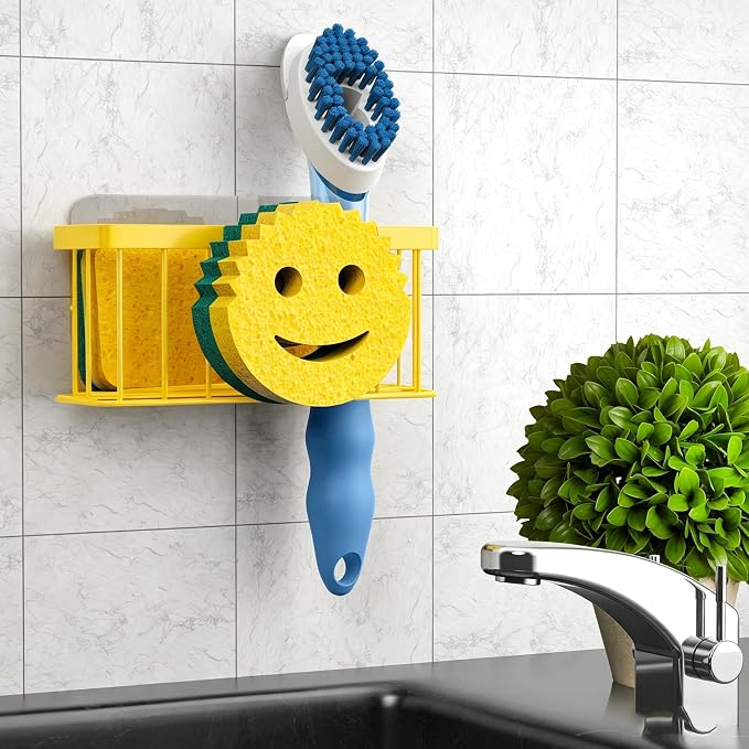 MURLONG Sponge Holder Smiley Face,Sink Caddy for Kitchen Sink,Kitchen Organizer Sponge Holder with 2 PCS Suction Cups/1 PCS Adhesive Strips,Designed for Sponge,Soap,Dish Brush,Scrubber-Yellow - Image 5