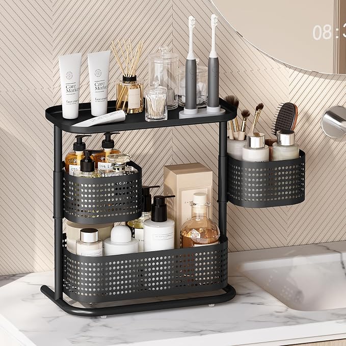 KINGRACK Metal Bathroom Counter Organizer，Rotating Countertop Storage Shelf | 3 Tier, Cosmetic Holder for Skincare & Makeup, Kitchen Spice Rack, Bedroom Nightstand Organizer, Black - Image 2