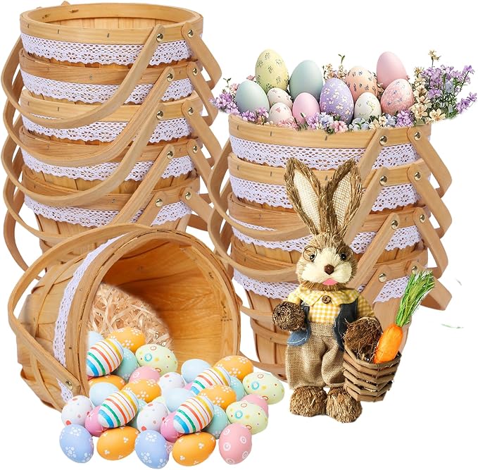 Wooden Baskets 10" x 6.5", 10 Pack Natural Apple Harvest Baskets | Round Handled Baskets Hold Produce, Flowers, Easter Eggs Or Favors for Farms, Markets, Weddings, Parties and Decor by YPshuye
