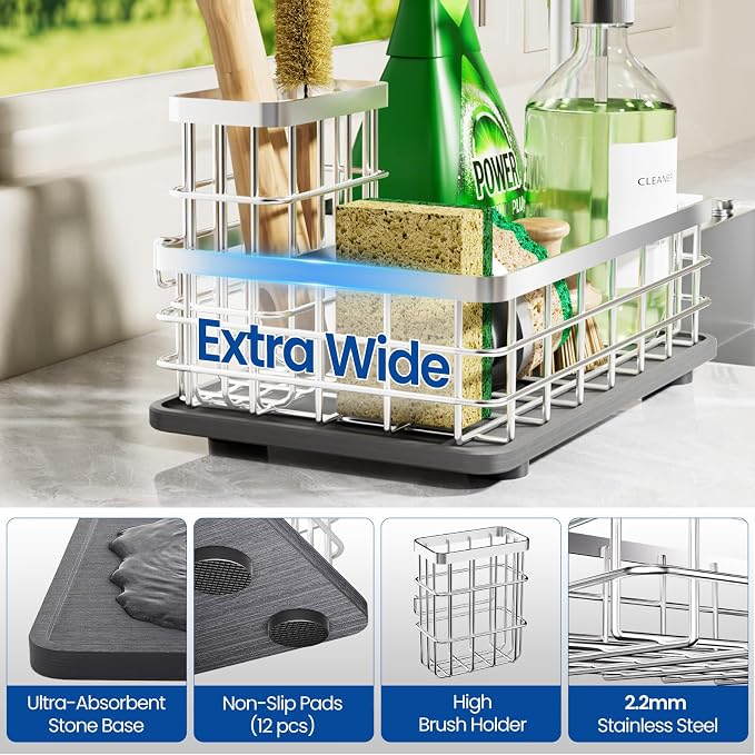 Kitchen Sink Organizer, Large Sink Caddy with Sponge Holder & Diatomite Mat | Cleaning Supplies in One Place, Kitchen Countertop Organizer, Home Essentials, Brush Holder, Quick Dry Tray, Fewer Puddles - Image 4