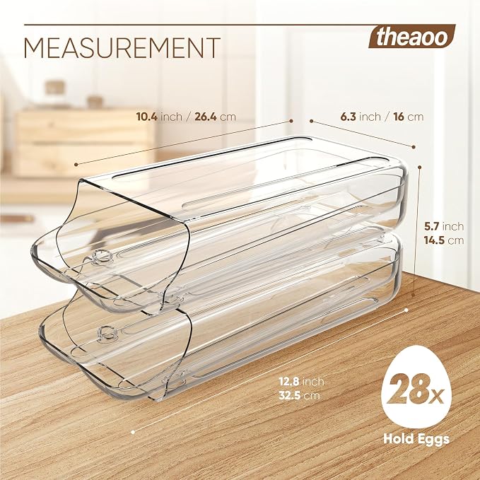 theaoo Egg Holder for Fridge, Automatic Rolling Egg Container, Clear, 2Pack | Quick Removable Inner Tray For Easy Egg Loading. Stackable Egg Dispenser For Refrigerator Storage and Organization - Image 3