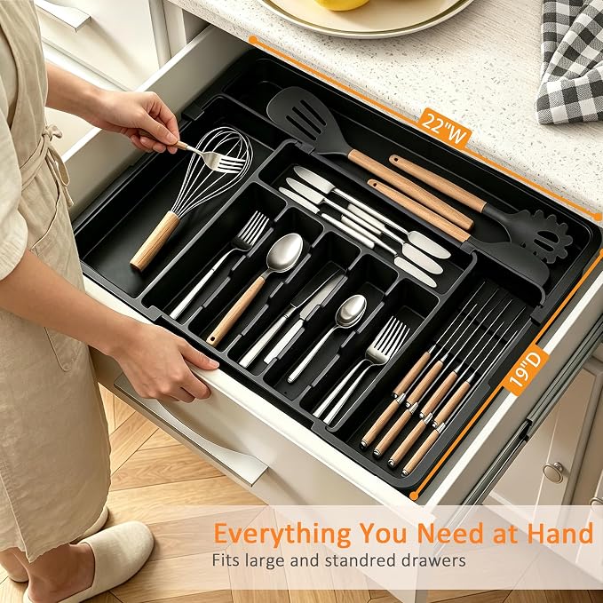 Silverware Organizer - Expandable Large Kitchen Drawer Organizer Utensil Organizer with 2 Removable Knife Blocks, 22"x 19"Cutlery Tray Drawer Dividers for Kitchen Flatware(6-9 Slots) (Black) - Image 6