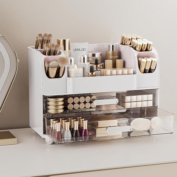 Delamu Large Makeup Organizer Countertop with 6 Brush Holders, White | Vanity Organizer with 2 Drawers, Gift for Women & Girls, Holds Perfume, Skincare, Lipstick, Nail Polish & Hair Accessories - Image 2