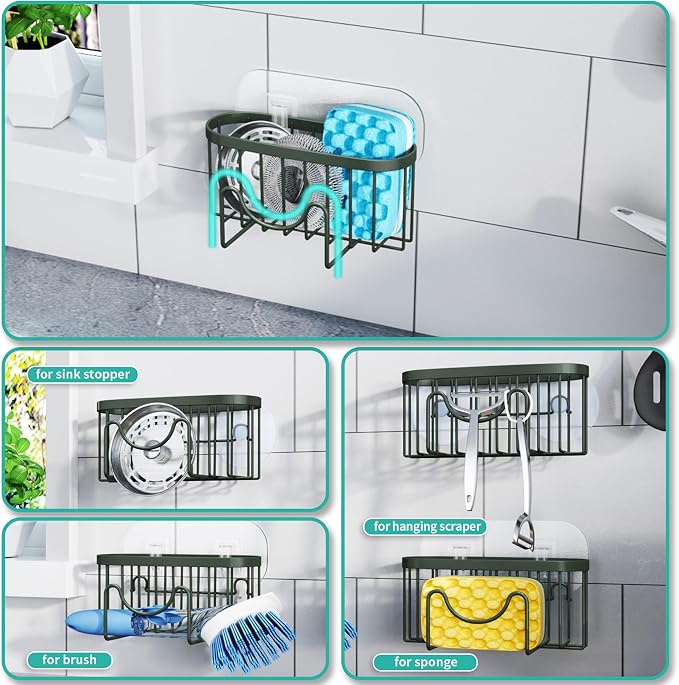HapiRm Sponge Holder for Kitchen Sink - Sink Caddy with Unique M-Shaped, 2 Installation Methods Kitchen Organizer, Rustproof Stainless Steel Sponge Caddy - Green - Image 2