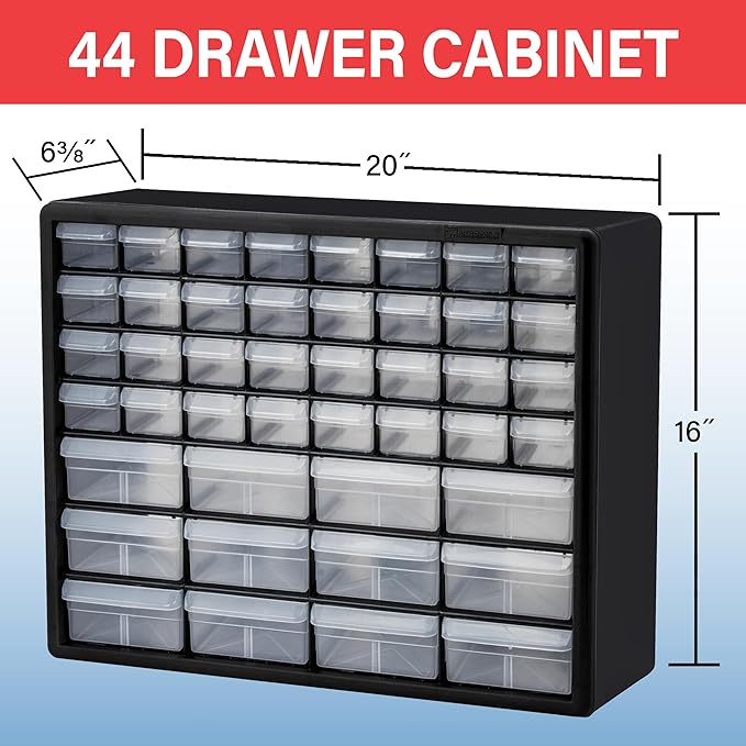 Akro-Mils 44-Drawer Plastic Storage Cabinet, 20" W x 6" D x 16" H, Red | Plastic Cabinet w/ Drawers for Garage Organization, Beads, Building Bricks Storage, Teacher Toolbox, Makeup Organizer, 10144 - Image 3