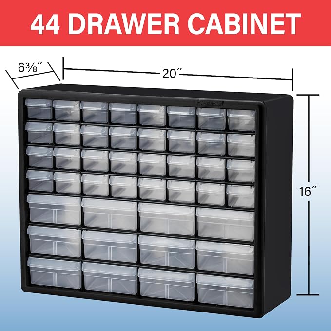 Akro-Mils 44-Drawer Plastic Storage Cabinet, 20"W x 6"D x 16"H, Black | Plastic Cabinet w/ Drawers for Garage Organization, Beads, Building Bricks Storage, Teacher Toolbox, Makeup Organizer, 10144 - Image 3