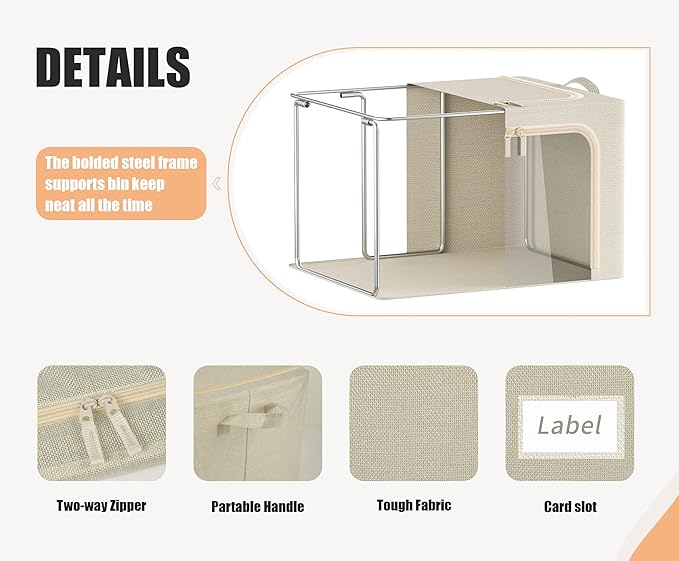 3 Openings Large Clothes Storage Bins with Metal Frame, Foldable Storage Bin for Clothes,Clothing Storage Bins with Lid, Linen Storage Box With Clear Window＆ Zippers＆ Durable Handles.(3 Pcs,Beige,66L) - Image 4