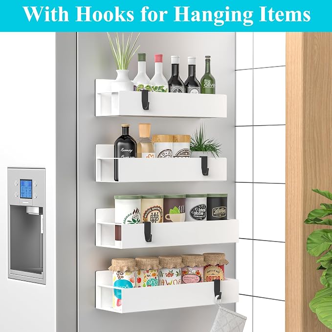 Metal Magnetic Spice Rack for Refrigerator with Hooks White | Magnetic Shelves Heavy Duty for Fridge in Kitchen, Seasoning Storage Organizer, For Oven Washer and Dryer, For Heavier Items - Image 2
