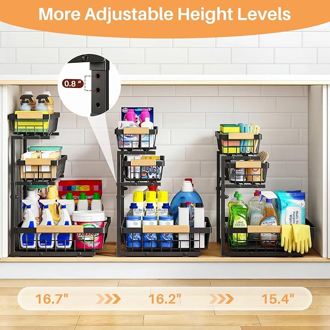 PXRACK Under Sink Organizer, 3-Tier 2-Pack Adjustable Height Pull Out Under Cabinet Organizer, Slide Out Thickened Metal Under Sink Storage for Kitchen Bathroom Laundry Pantry Organization, Black - Image 8