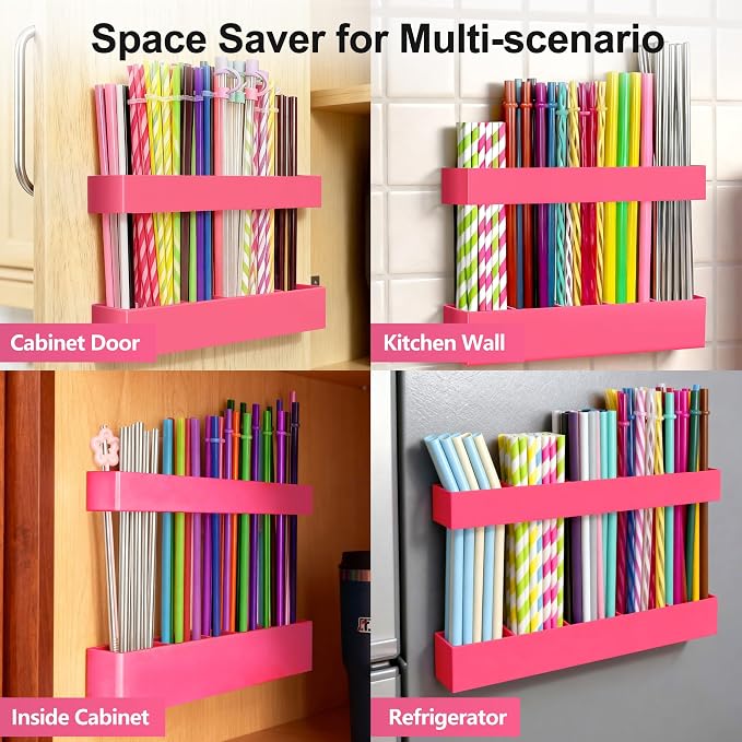 9.5” Large Acrylic Straw Holder for Cabinet Door, Adjustable Two-Part | Reusable Straws Organizer with Ultra Sticky Adhesive Strips, 2026 Straw Storage for Kitchen Cupboard (Hot Pink) - Image 4