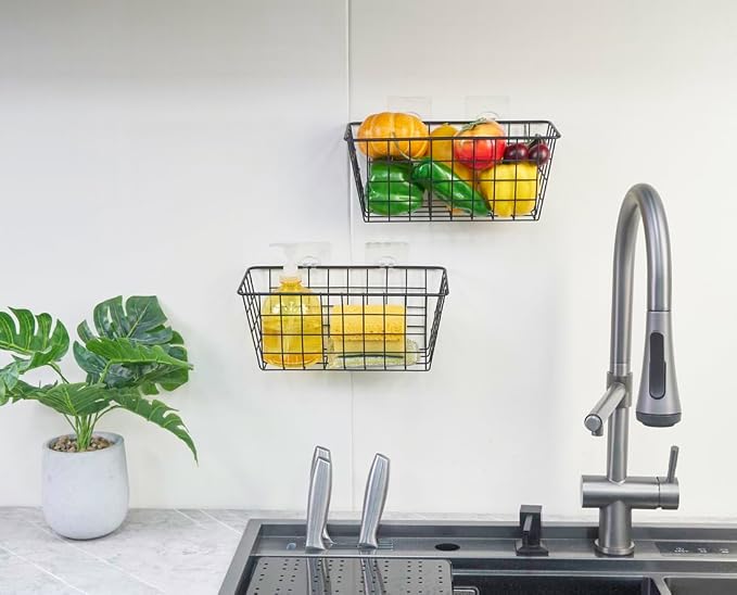 JUNCHU CHERRY 5 Pack Hanging Storage Basket, Bathroom Basket, Household Goods, with Traceless Tape, no Drilling, for Cabinet Storage, Kitchen, Bathroom, Storage Room,Black - Image 8