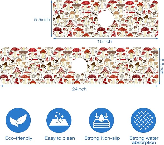 Cartoon Mushrooms Dish Drying Mat for Kitchen Sink Splash Guard Behind Faucet Sink Mat Absorbent Fast Drying Faucet Draining Mat for Bathroom Kitchen 5.5"×24" - Image 3