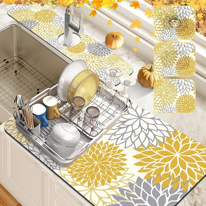 Findosom 2PCS 16" x 24" Fall Dish Drying Mat & 24" x 5.5" Sink Splash Guard, Super Absorbent & Cuttable Dish Mat Drying Kitchen Mat with Yellow Floral, Hide Stain Drying Mat for Kitchen Counter by Findosom