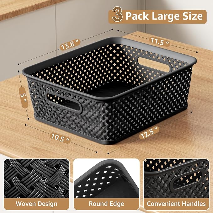MaxGear 3 Pack Plastic Storage Baskets, Large, Black | Durable Woven Plastic with Built-In Handles, Suitable for Shelves, Closets, Cabinets, Bathrooms and Offices - Image 3