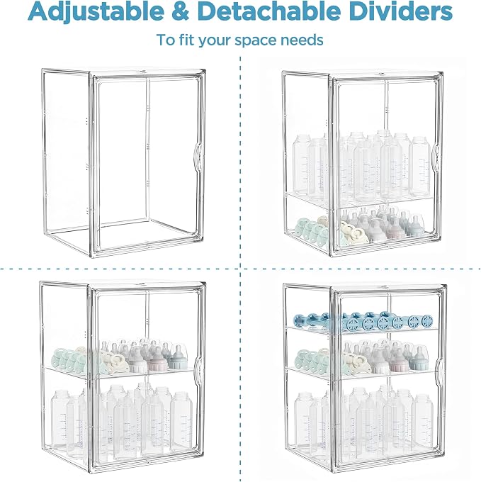 HBlife Baby Bottle Storage Organizer for Countertop Cabinet, 3 Tiers Adjustable Clear Acrylic Bottles Storage Station Case Box Container with 2 Removable Dividers and Magnetic Door, X-Large - Image 6