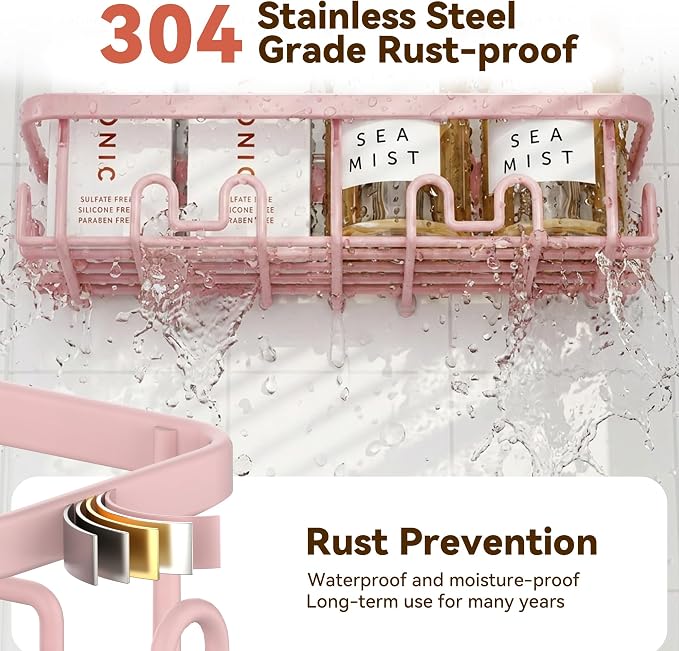 Shower Caddy Adhesive, Rustproof Shower Organizer, Wall Shower Rack | Large Capacity Shower Shelves for Inside Shower, Shampoo Shower Holder, Pink, 2 Caddies, 2 Soap Dishes, 1 Toothbrush Holder - Image 5
