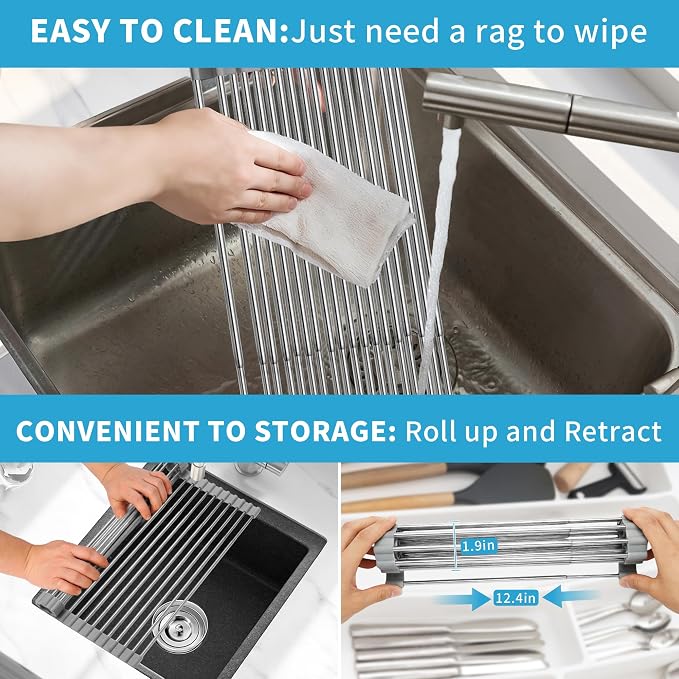 Expandable Roll-UP Dish Drying Rack-Large 304 Stainless Steel Dish Drainer Over The Sink for Kitchen Countertop,Extendable & Rollable & Food Grade (Silver,22.08'x 13.2') - Image 6