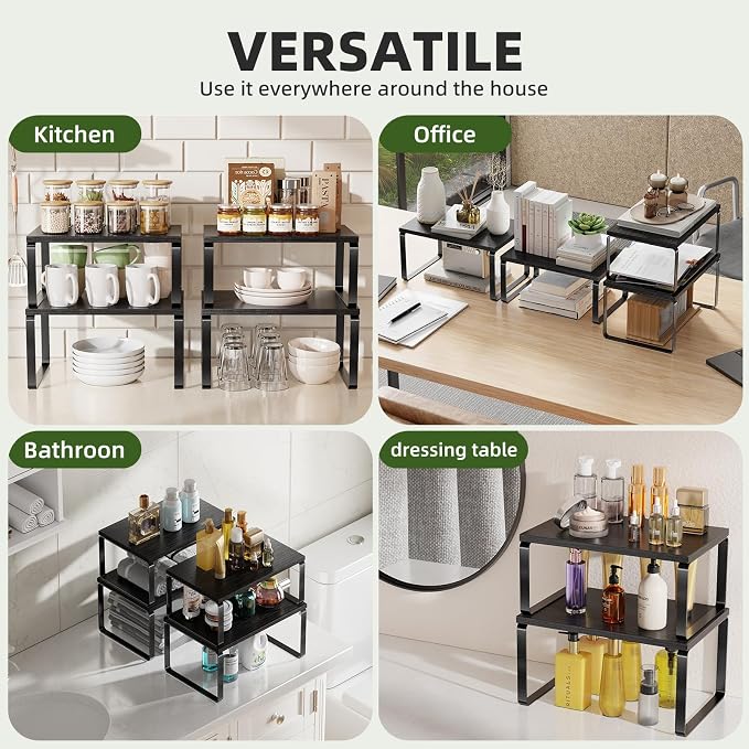 Simple Trending Cabinet Organizer Shelf, Set of 2 Stackable Kitchen Counter Shelves, Expandable Spice Rack Kitchen Storage Riser, Metal Engineered Wood, Black - Image 6