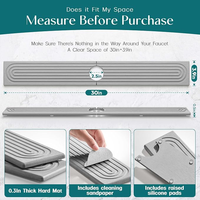 30 inch Kitchen Faucet Absorbent Mat - Diatomaceous Earth Splash Guard for Sink Faucet, Aesthetic Water Absorbing Stone Tray in The Modern Home(Grey, 30" x 3.9") - Image 2