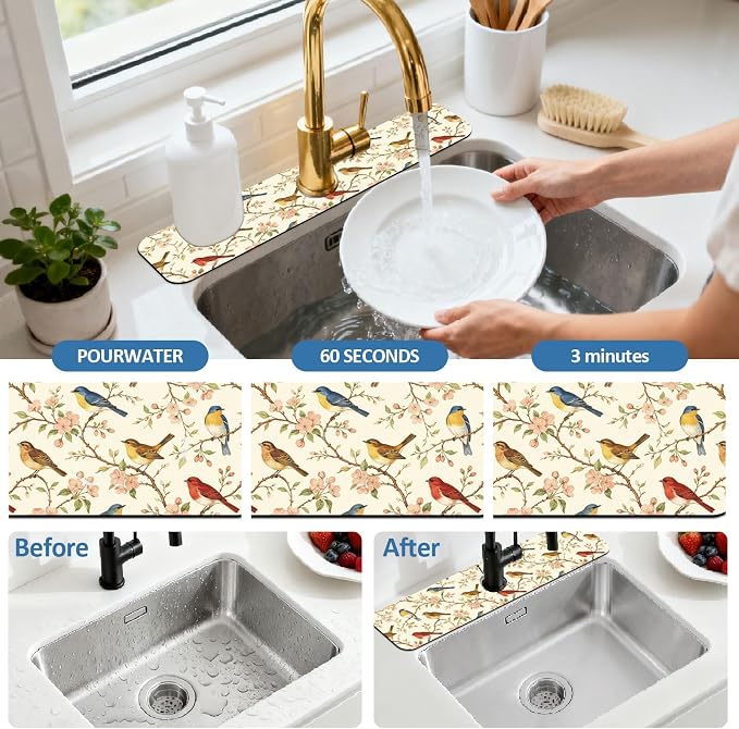 2 Pcs Kitchen Sink Splash Guard Faucet Mat Vintage Watercolor Bird Pattern Faucet Mat for Sinks Flower Absorbing Drying Mats for Kitchen Bathroom - Image 5