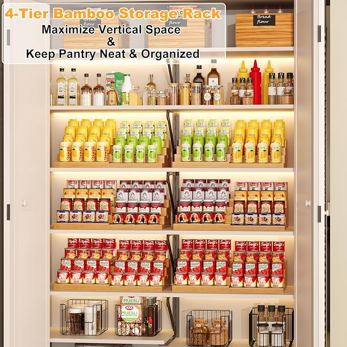 4-Tier Expandable Bamboo Can Storage Rack for Pantry, Holds Up to 32 Cans | Adjustable Can Organizer & Soda Can Dispenser, Canned Goods Display Shelf for Cabinets & Countertops (Patent Pending) - Image 4