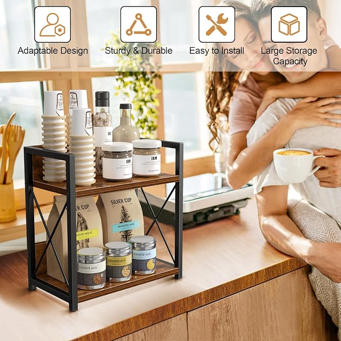 Giikin Kitchen Countertop Organizer, 2 Tier Spice Rack Organizer for Pantry, Kitchen Counter Shelf Wood Coffee Station Organizer (Brown, M) - Image 3