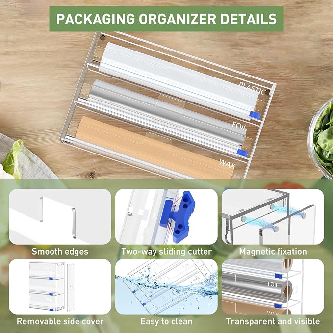 3 in 1 Clear Acrylic Foil, Plastic Wrap Organizer with Cutter | Kitchen Storage, Aluminum Foil Dispenser, Wax Paper Holder, For Drawer or Wall Mount, Fits 12 Inch Roll - Image 7
