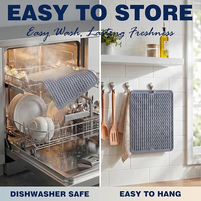 2 Pack Caketime Silicone Dish Drying Mat for Kitchen Counter Bathroom Under Sink Protector Faucet Drip Gadgets Clearance Washer Dryer Countertop Organizer Drain Tray 17"x6" Light Gray - Image 6