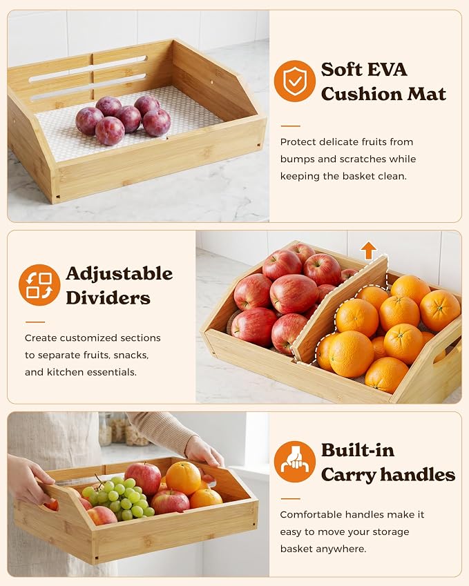 3-Tier Bamboo Fruit Basket with 2 Banana Holders | Large tiered organizer for bread, snacks, veggies. Sturdy bamboo, includes mats & dividers. Easy to assemble. - Image 9
