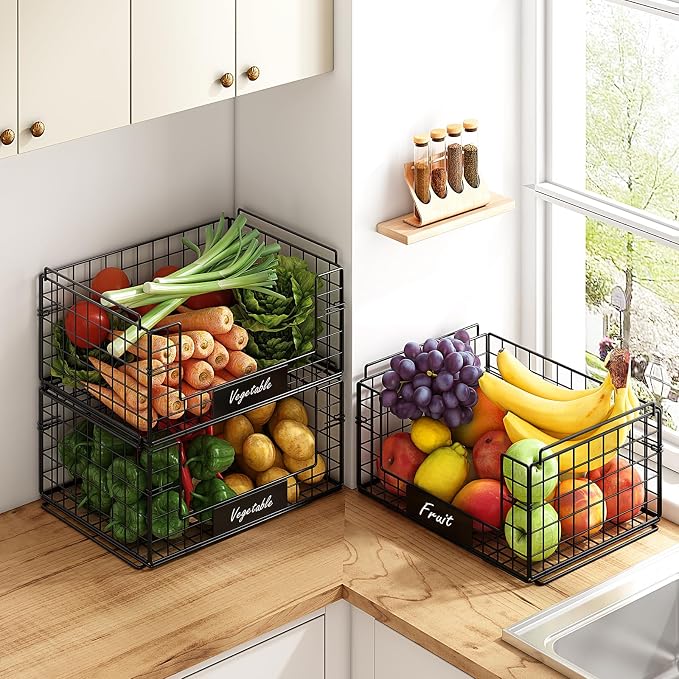 3 Pack XXL Stackable Wire Baskets with Handles & Name Plates | Pantry Organizers and Storage, Snack Organizer & Vegetable Basket & Metal Pantry Bin, Large Capacity, Durable and Sturdy - Image 2