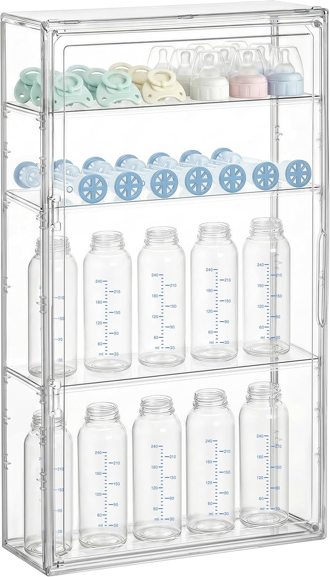 HBlife Baby Bottle Storage Organizer for Wall Countertop Cabinet, 4 Tiers Adjustable Clear Acrylic Bottles Storage Station Case Box Container with 3 Removable Dividers and Magnetic Door, Large by HBlife