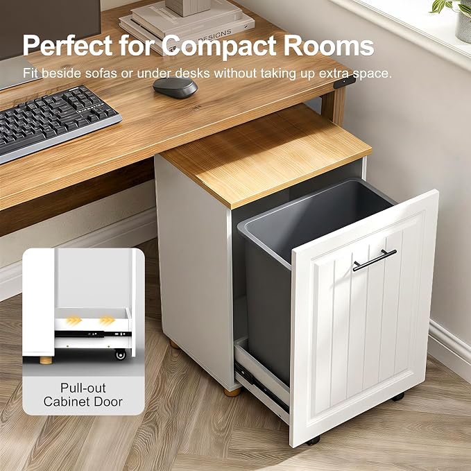ZIFTY 10 Gallon Pull Out Trash Can Cabinet Kitchen, Laundry Hamper, White | Freestanding Kitchen Cabinet, Hidden Waste Bin, Pet Proof, Wooden Garbage Recycling, Modern Farmhouse Waste Bin Furniture - Image 4