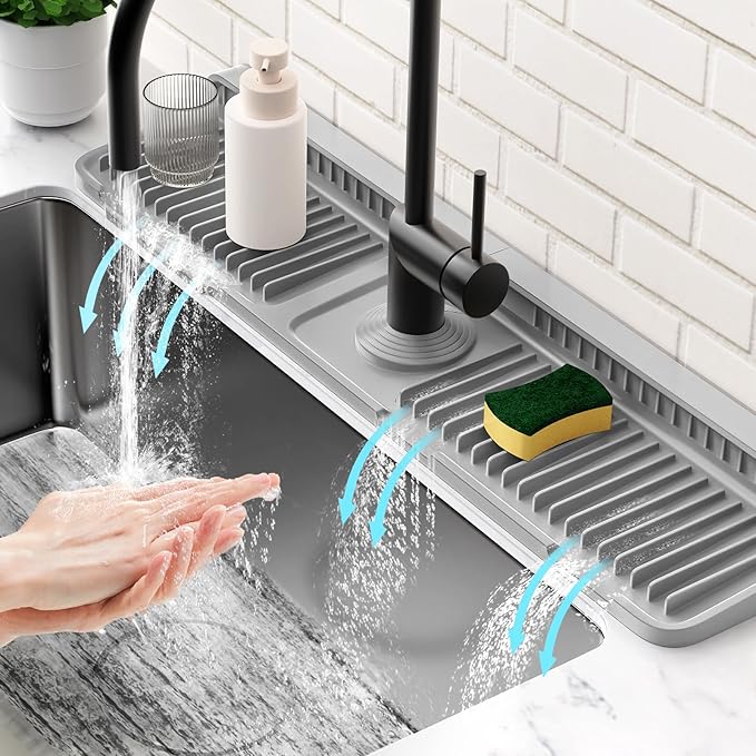 24'' Longer Faucet Mat for Kitchen Sink Splash Guard[7° Slope Fast Self-draining][Snap Lock Fit]Kitchen Sink Faucet Mat Splash Guard Kitchen Sink Area Water Splash Guard Behind Faucet Draining Mat by Snoquir