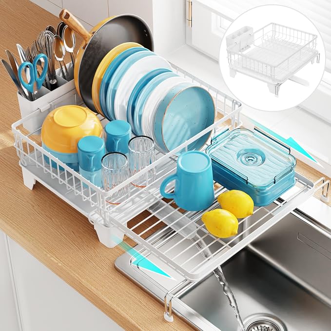 Expandable Dish Drying Rack - Countertop with Sink Extension, White | 12.6"-22.4" Adjustable Length, Extra Drying Space, Auto-Drain Spout, Large-Capacity, Removable Utensil Holder, Rust-Resistant by GSlife