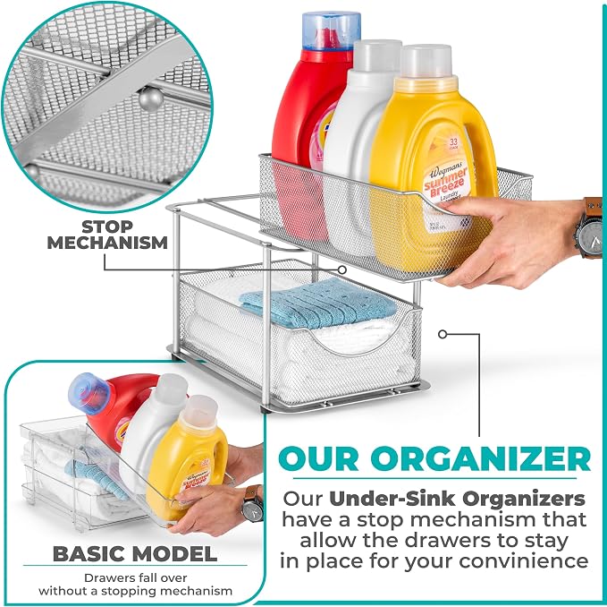 Sorbus 2 Sets of 2 Tier Metal Under Sink Organizer for Bathroom, Kitchen, Strong Steel Mesh Sliding Drawers for Under Sink, Under Cabinet, Closet, Kitchen, Pantry, Bathroom Organizers and Storage - Image 4
