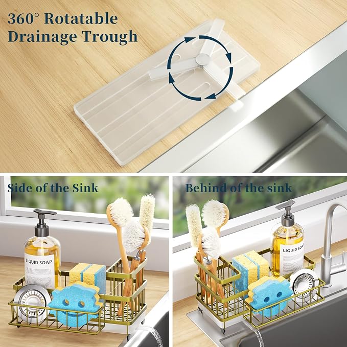 Consumest Sponge Holder for Kitchen Sink - Auto Draining Sink Caddy Organizer with Detachable Rack, High Brush Holder, Kitchen Countertop Storage Accessories, Light Gold - Image 2