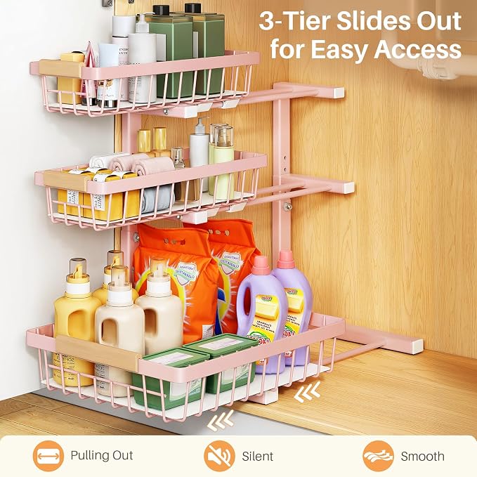 PXRACK Under Sink Organizer, 1-Pack 3-Tier Height Adjustable Thickened Metal Pull out Cabinet Organizer Shelf, Slide out Storage Drawer Rack for Bathroom Kitchen Pantry Home Organization, Pink - Image 5