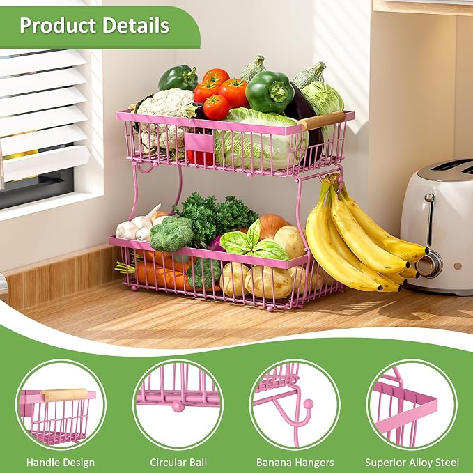 2 Tier Fruit Basket for Kitchen Counter with 2 Banana Hangers, Countertop Metal Fruit Bowl with Wooden Handle, Large Storage Stand for Vegetables, Snacks, Breads, Produce Storage – Rose Pink - Image 4