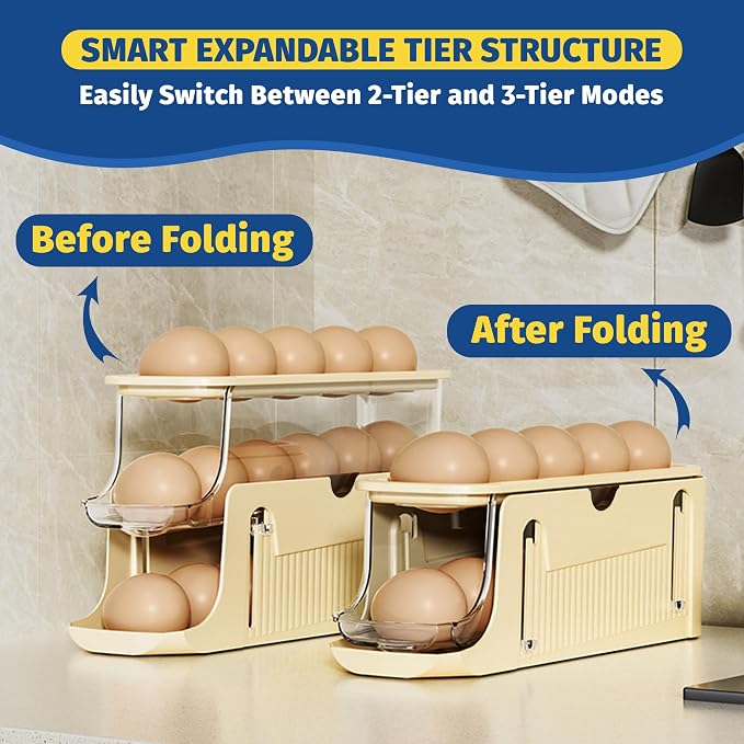 Adjustable Egg Holder for Fridge, Space Saving Egg Organizer Container, Automatic Rolling Egg Dispenser for Refrigerator, Clear Tray for Kitchen Countertop, Home, RV and Dorm Room - Image 5