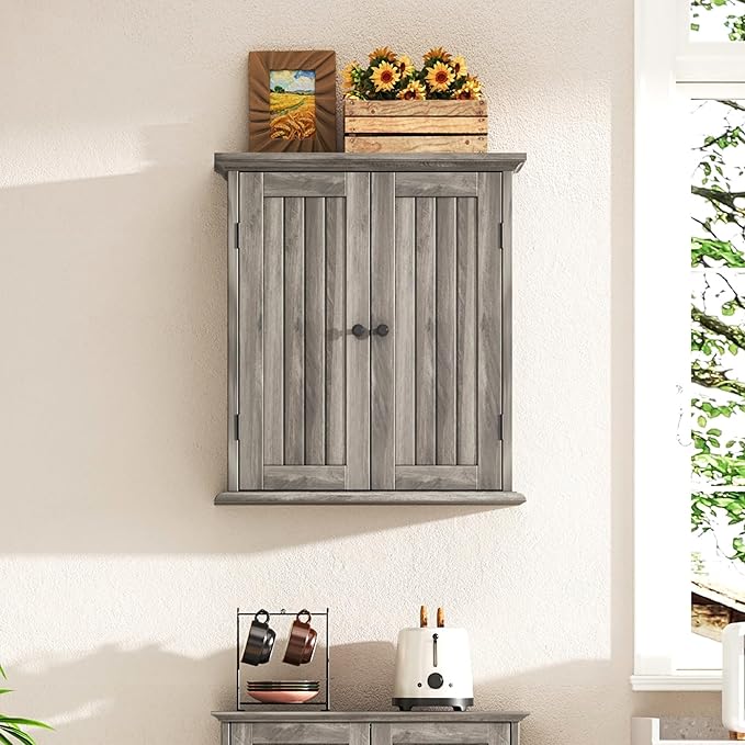 ChooChoo Bathroom Wall Cabinet with 2 Doors, Over The Toilet, Farmhouse | 8.8"D x 21.1"W x 24"H, Medicine Cabinet, Adjustable Shelves, Cupboard, Retro Grey - Image 2