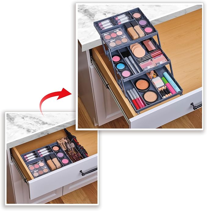 Ontel Smart Drawer Organizer - Multi-level Jewelry Holder, Cosmetics Organizer, or Office Drawer Organizer with Adjustable Dividers for Organization and Storage, Fits Drawers 9.5"W x 7.5"L x 2.75"D - Image 9