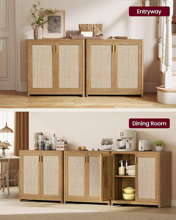 VASAGLE ELLAN Collection - Boho Buffet Cabinets with Rattan-Look Doors, Sideboard Storage Cabinet, Rounded Corners, Adjustable Shelf, for Kitchen Dining Room, Set of 2, Natural Brown UBBK345KC01-2J - Image 7
