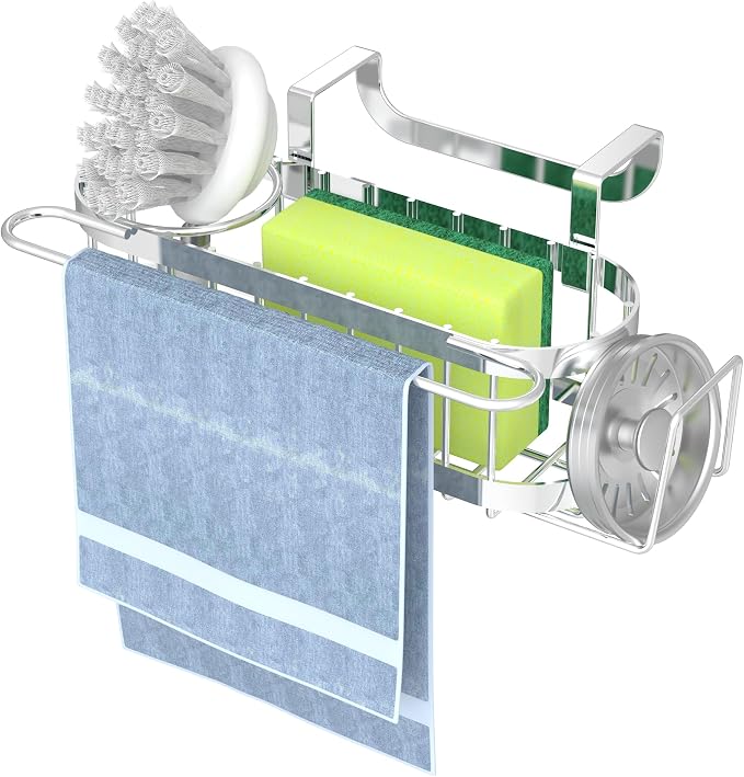 Cisily Kitchen Sink Caddy Sponge Holder in The Sink, Stainless Steel Kitchen Sink Organizer, Brush Holder, Dish Cloth Hanger, Sink Stopper Holder (Hanging-Silver) - Image 7