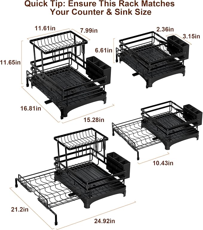 Hanyi 2-Tier Expandable Dish Drying Rack for Counter and Over Sink | Large-capacity rack with foldable upper tier, 15.7-26.4 in over-sink extension, automatic drainage and rust-resistant frame - Image 2