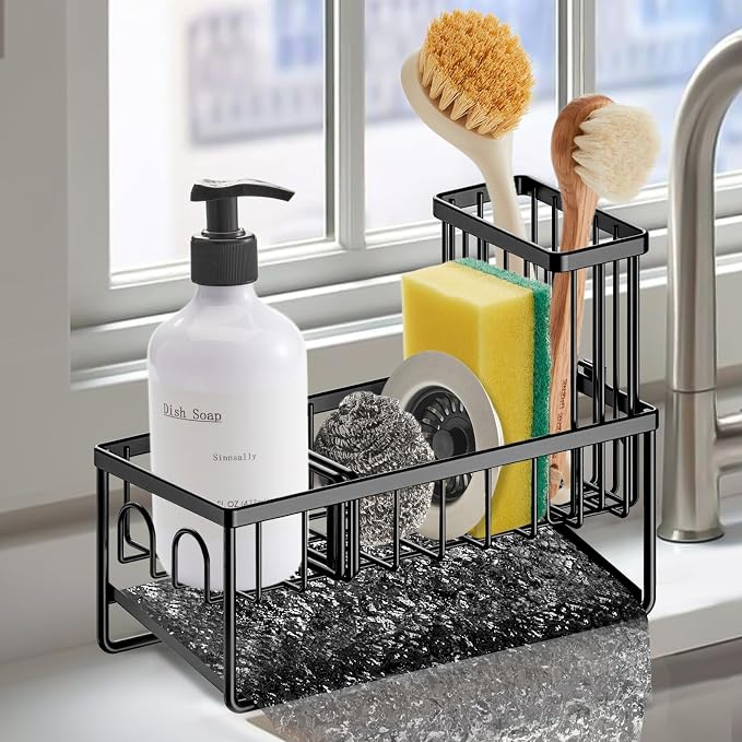Sinnsally Kitchen Sponge Holder,Sink Caddy Organizer with Brush Holder,Stainless Steel Sink Box Dish Scrubber Holder with Self Drain Tray,Soap Dispenser Kitchen Storage Accessories(1 Tier-Black) by UsefulKitchenTools